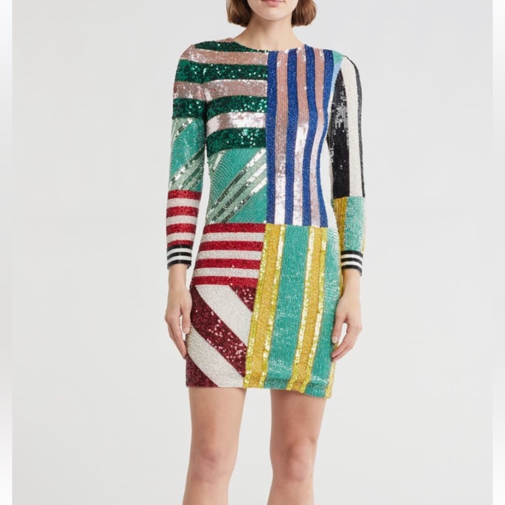 Alice + Olivia Delora Embelished Long Sleeve Dress Sorbet Stripe Size 0 NWT